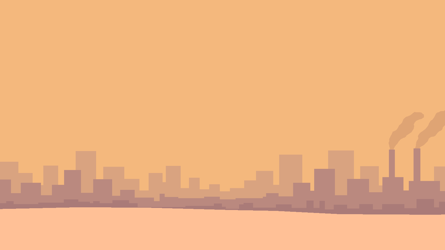 A dark foggy landscape showing a city and factories