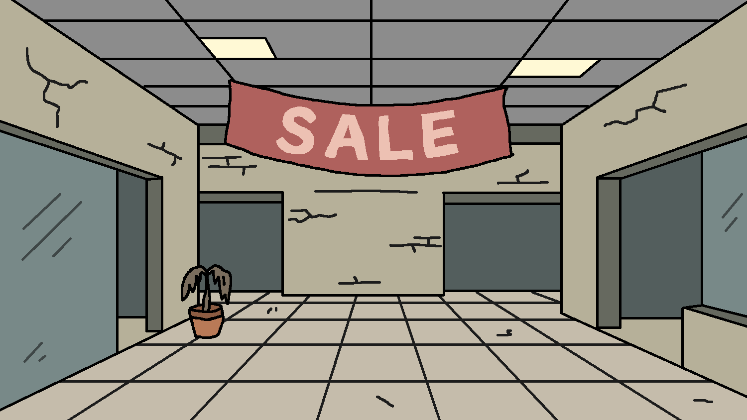 An empty mall with a SALE banner and a dead plant