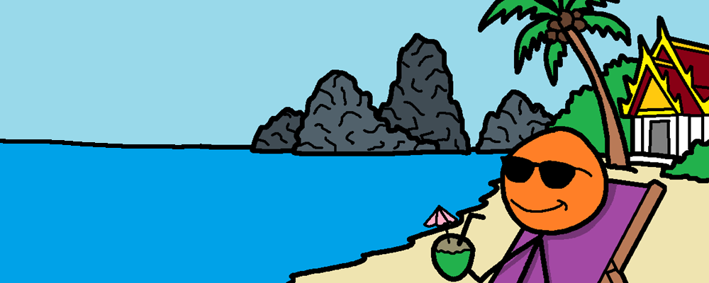 A character drinks a coconut by the seaside