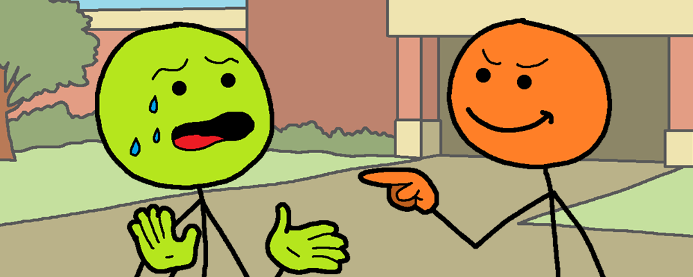 A character smirks and points at another scared character