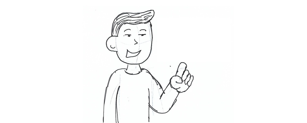 A hand drawn character raises a finger