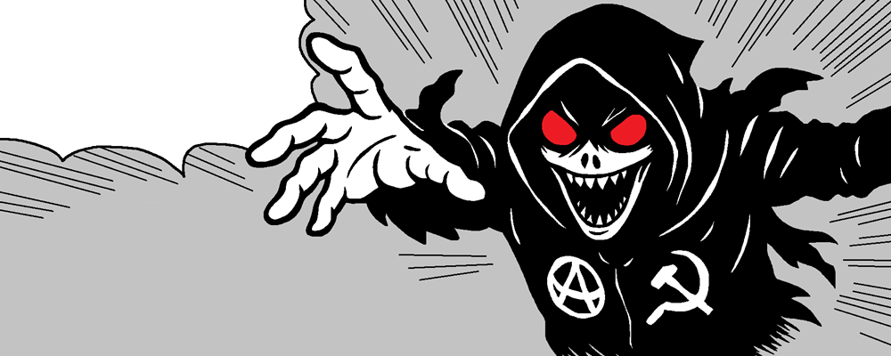 A hooded character charges at us