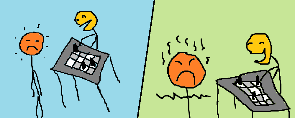 Two characters are playing a board game, one gets angry about it