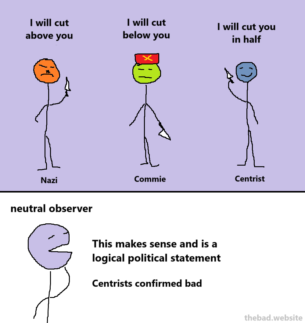 [nazi] I will cut above you
[commie] I will cut below you
[centrist] I will cut you in half

[neutral observer]
This makes sense and is a logical political statement
Centrists confirmed bad