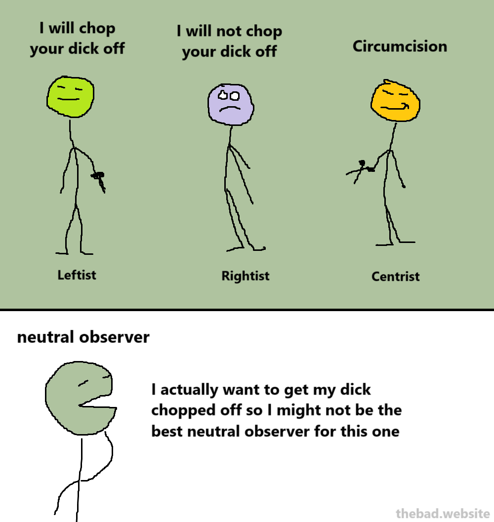 [leftist] I will chop your dick off
[rightist] I won't chop your dick off
[centrist] Circumcision

[neutral observer]
I actually want to get my dick chopped off so I might not be the best neutral observer for this one