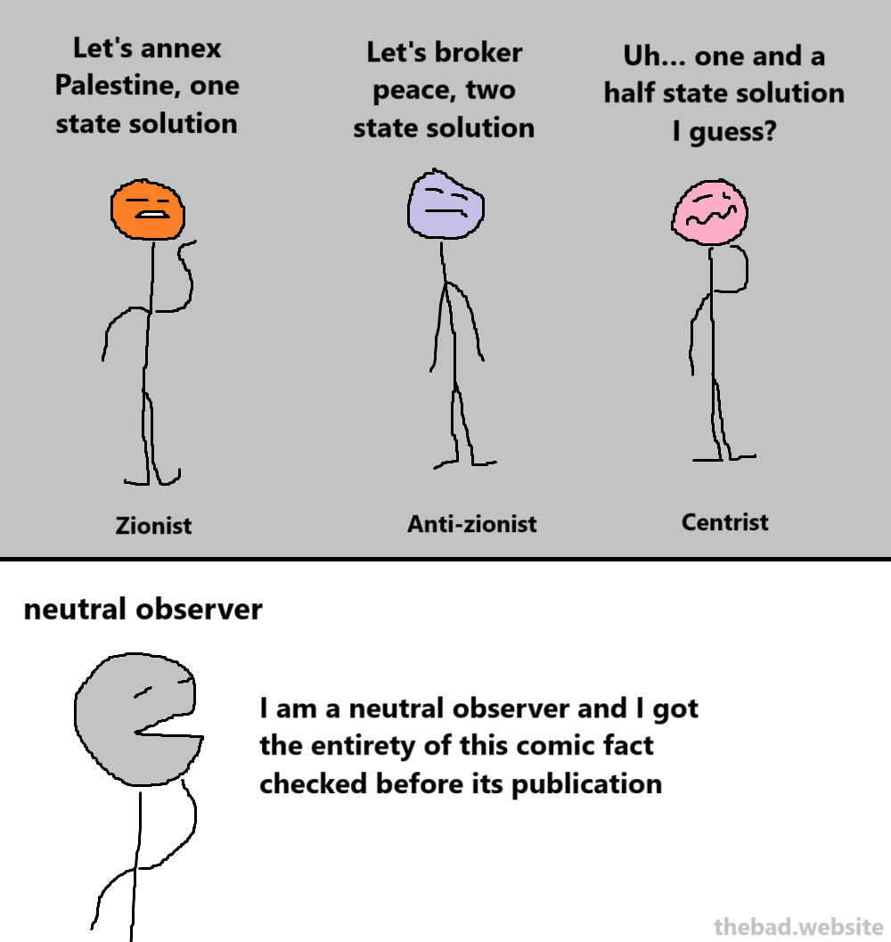 [zionist] Let's annex Palestine, one state solution!
[anti-zionist] Let's broker peace, two state solution!
[centrist] Uh… one and a half state solution I guess?

[neutral observer]
I am a neutral observer and I got the entirety of this comic fact checked before its publication