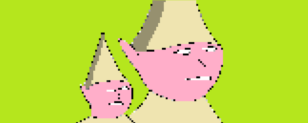 Pixelated characters with pointy hats