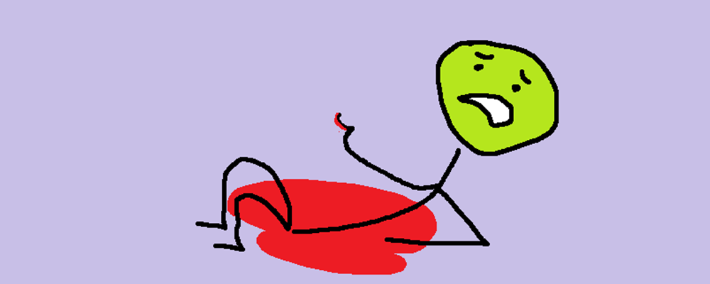 A character is laying in a pool of their own blood