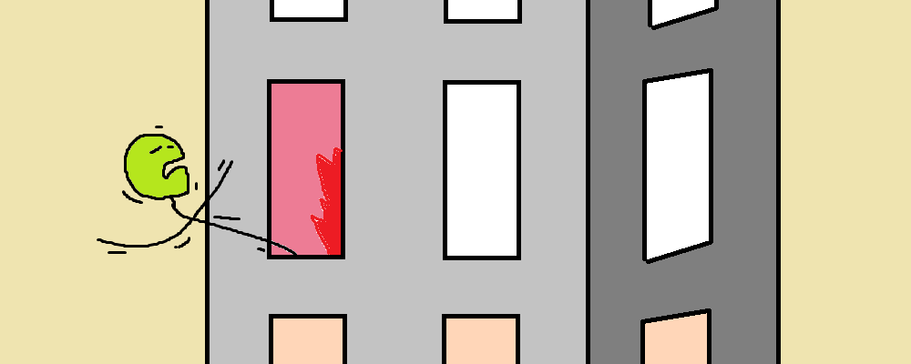A character is in a building, trying to escape a fire through their window