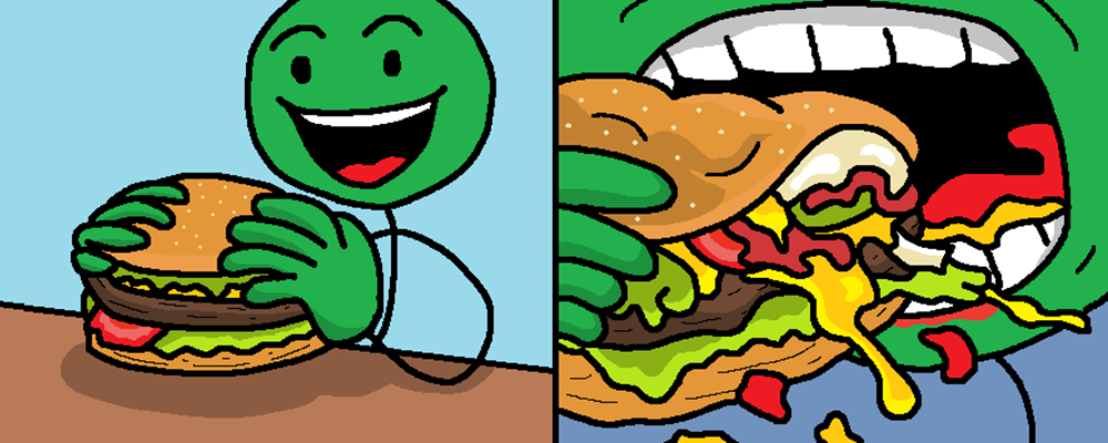 A character biting into a juicy burger