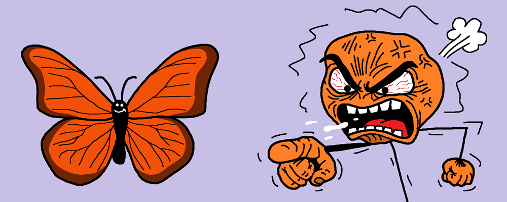 A pissed off orange character points at a smiling butterfly in anger