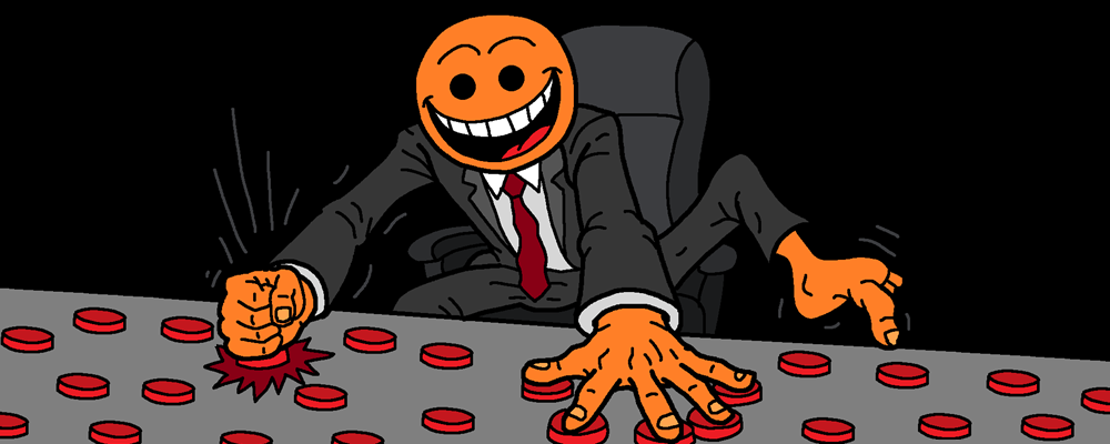 A grinning character mashing buttons manically