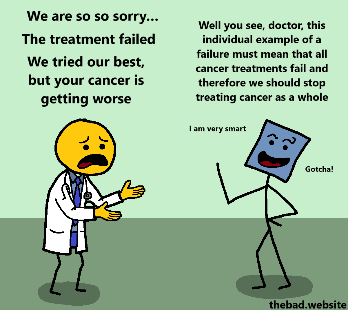 [a doctor looks distraught while giving someone bad news]
We are so so sorry&hellip;
The treatment failed
We tried our best, but your cancer is getting worse

[the person being given the news smiles smugly and replies]
Well you see, doctor, this individual example of a failure must mean that all cancer treatments fail and therefore we should stop treating cancer as a whole
I am very smart
Gotcha!