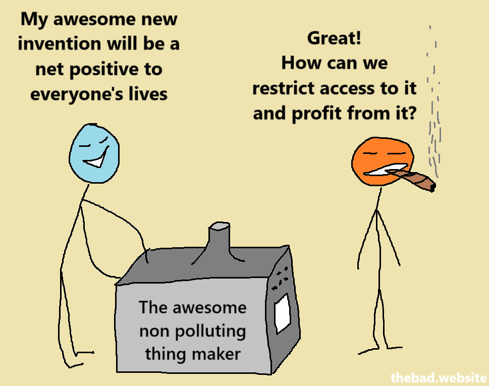 [inventor, showing their machine called "The awesome non polluting thing maker"]
My awesome new invention will be a net positive to everyone's lives

[capitalist, smoking a cigar]
Great!
How can we restrict access to it and profit from it?