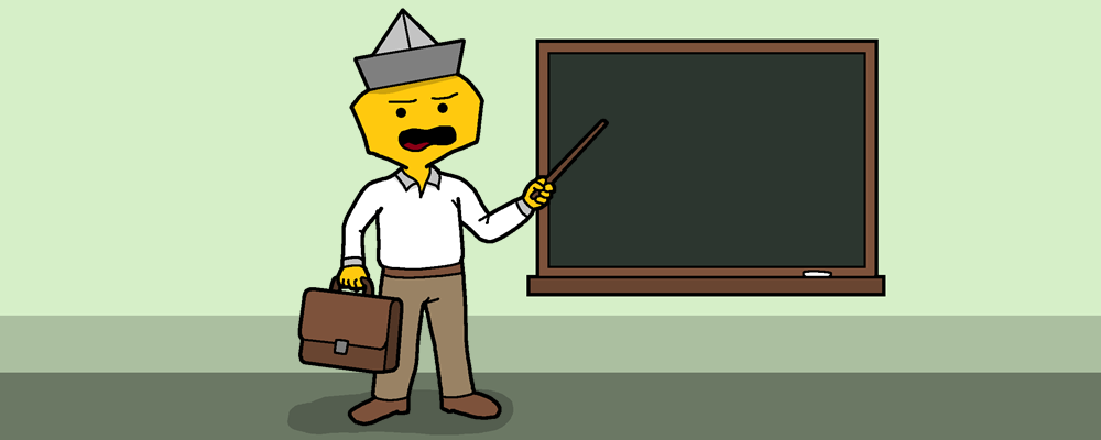 A character with a briefcase points at a blackboard