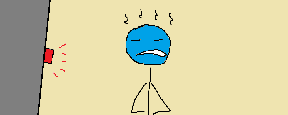 A person looks annoyed while a red button glows