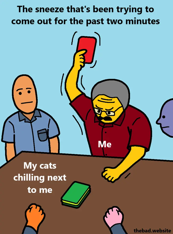 [a character about to slam a card on a table]
Me

[the card about to be slammed]
The sneeze that&rsquo;s been trying to come out for the past two minutes

[the stack of cards about to be slammed]
My cats chilling next to me