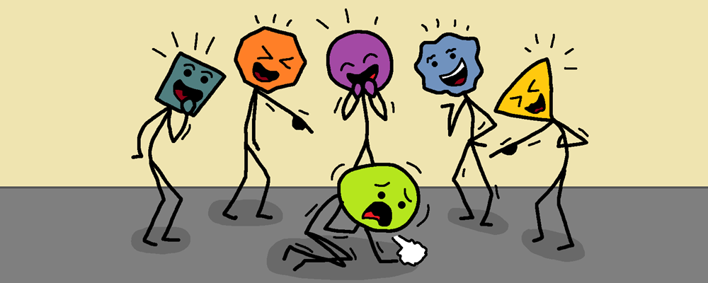 A character gasps for air on the ground, surrounded by five laughing characters