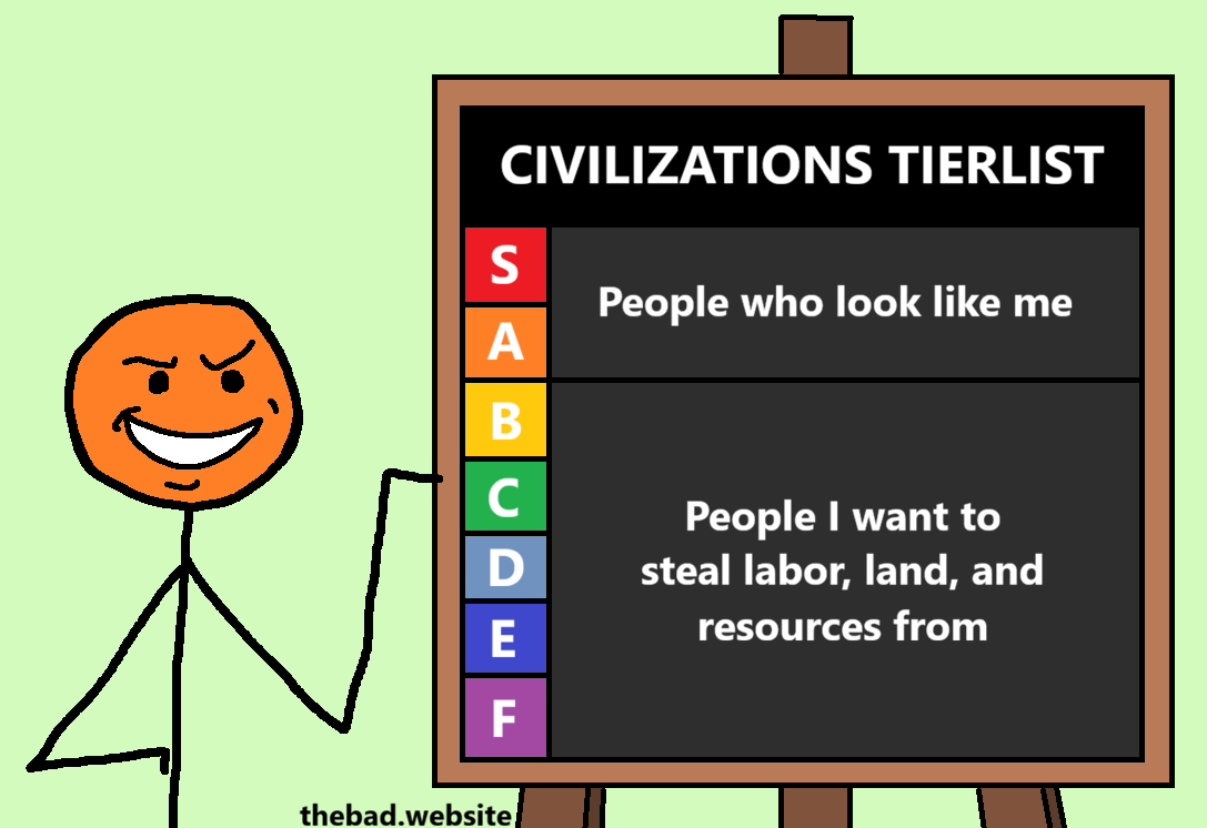 [an orange character smiles smugly, pointing at a tierlist]
CIVILIZATIONS TIERLIST
S-A: People who look like me
B-C-D-E-F: People I want to steal labor, land, and resources from
