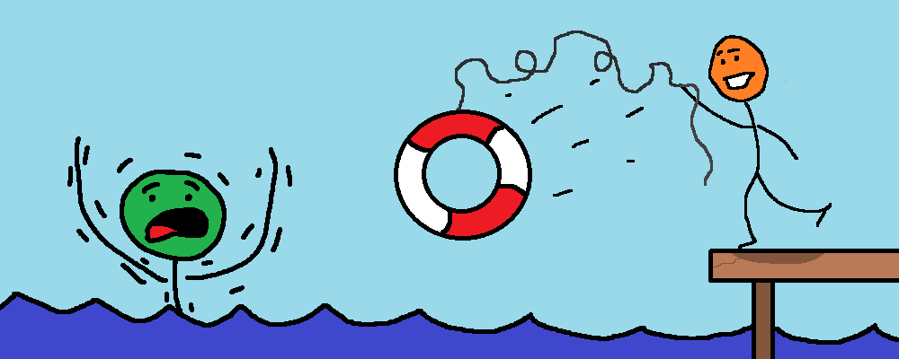 A character throws a life preserver at a drowing person