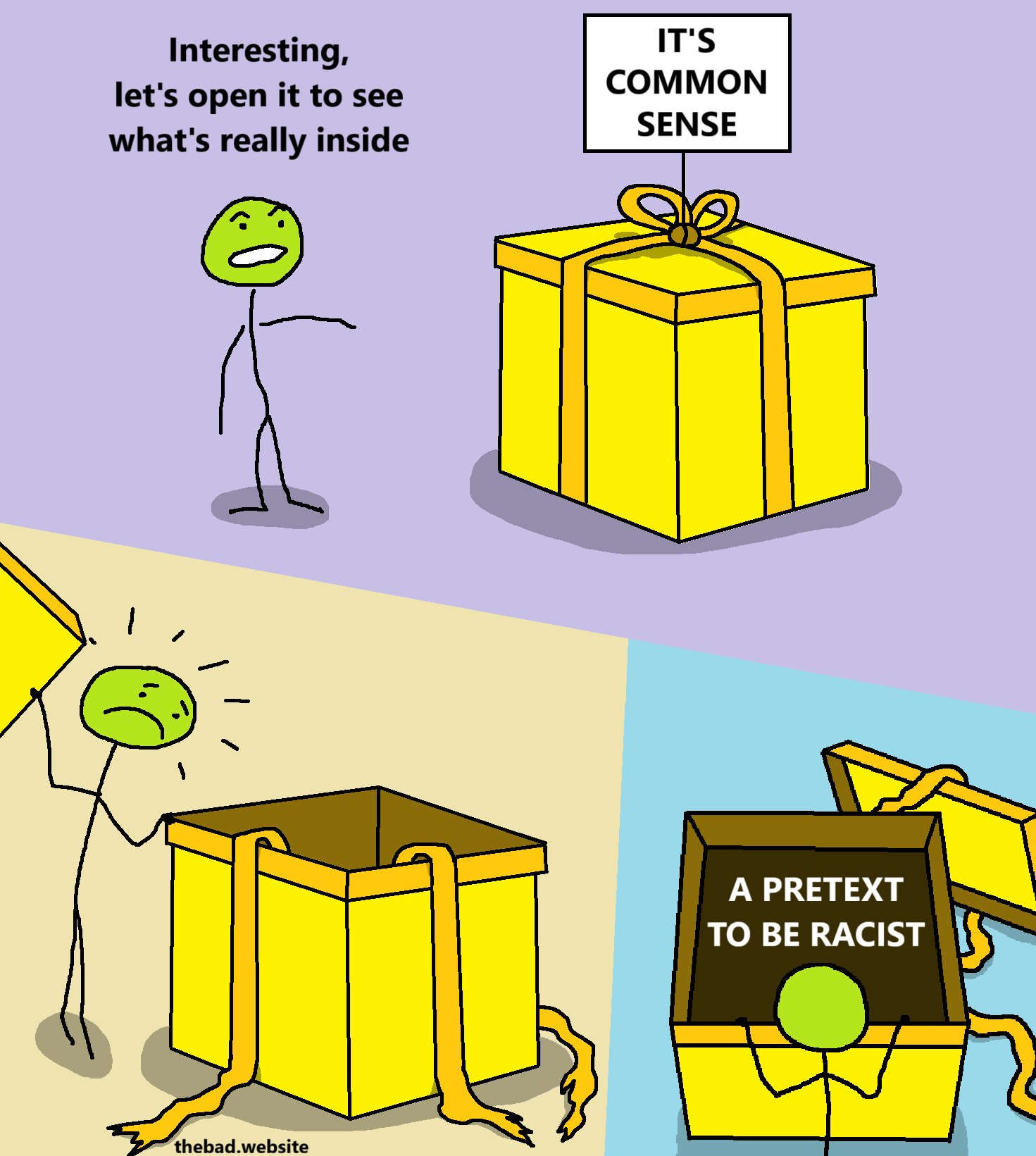 [character, ponting at a huge box labeled "IT'S COMMON SENSE"]
Interesting, let's open it to see what's really inside

[the character opens the box and looks distraught]

[a top down view lets us see what is inside the box]
A PRETEXT TO BE RACIST