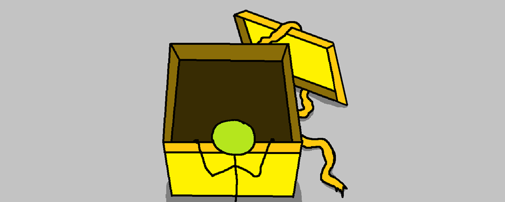 A character looks inside a huge box