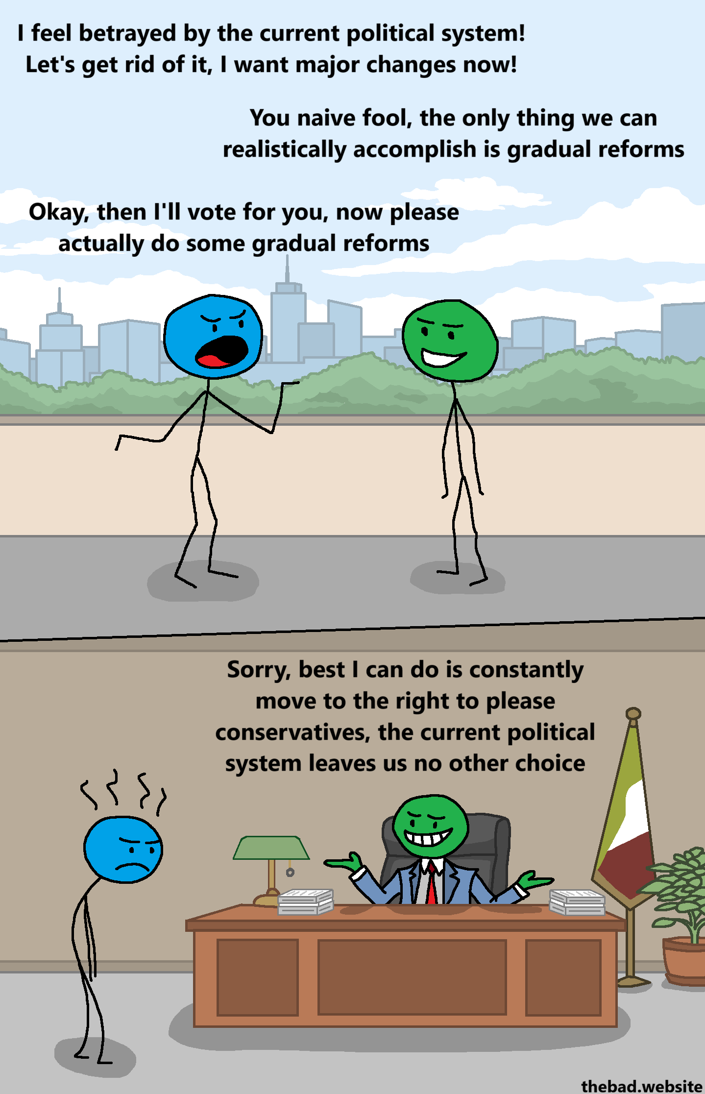 [two characters are talking in front a modern city full of skyscrapers]

[blue, annoyed]
I feel betrayed by the current political system!
Let's get rid of it, I want major changes now!

[green]
You naive fool, the only thing we can realistically accomplish is gradual reforms

[blue]
Okay then, I'll vote for you, now please actually do some gradual reforms

[now in a political office, green is sitting behind the desk, dressed in a suit, looking presidential]

[green, smirking smugly while shrugging]
Sorry, best I can do is constantly move to the right to please conservatives, the current political system leaves us no other choice

[blue is looking both pissed and defeated, has no words]