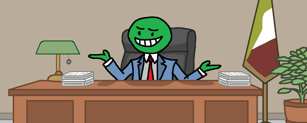 A slimy politician shrugs behind a desk
