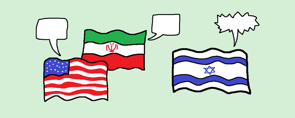 USA, Iran, and Israel flags are talking