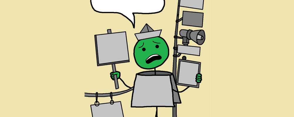 A confused character covered in signs