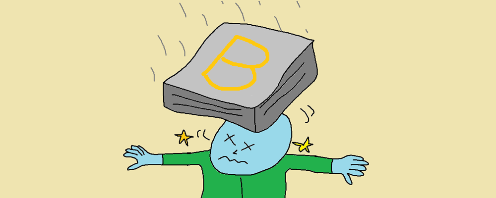 A character gets hit on the head by abook