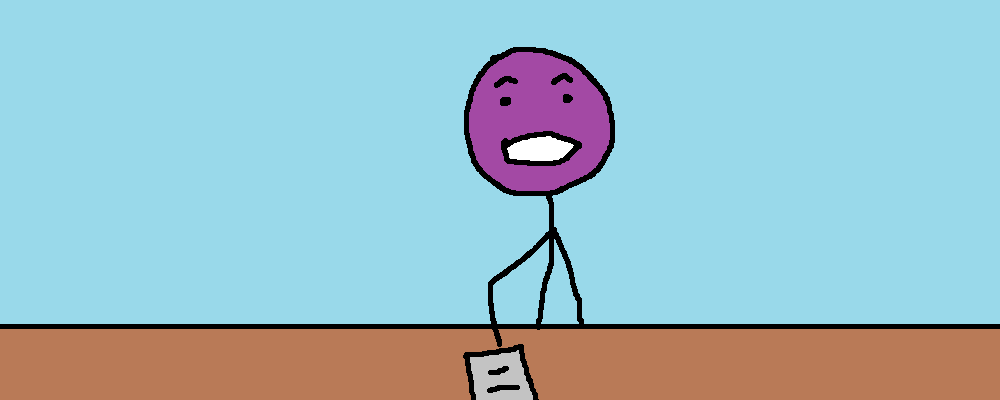 A character sits at a table, holding a sheet of paper