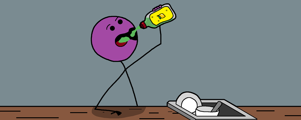 A character drinks dishwashing liquid