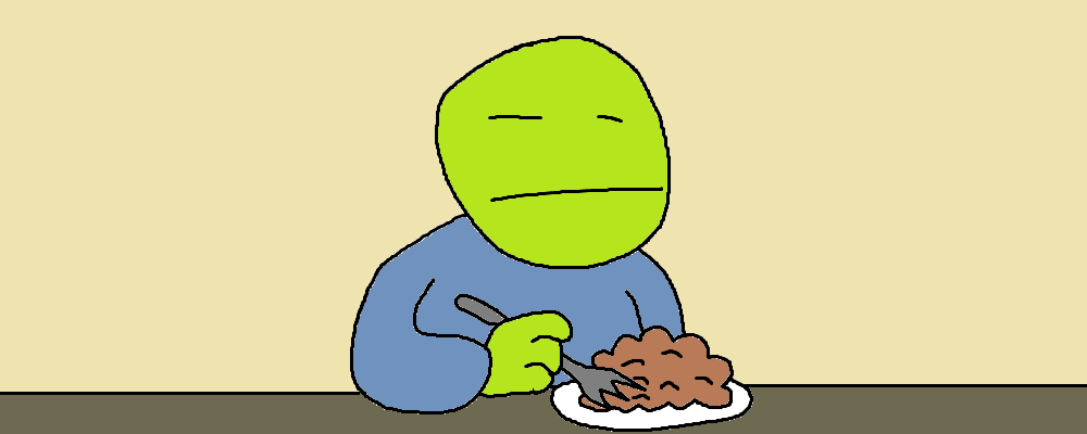 A character is looking sad in front of a dish full of nondescript brown food