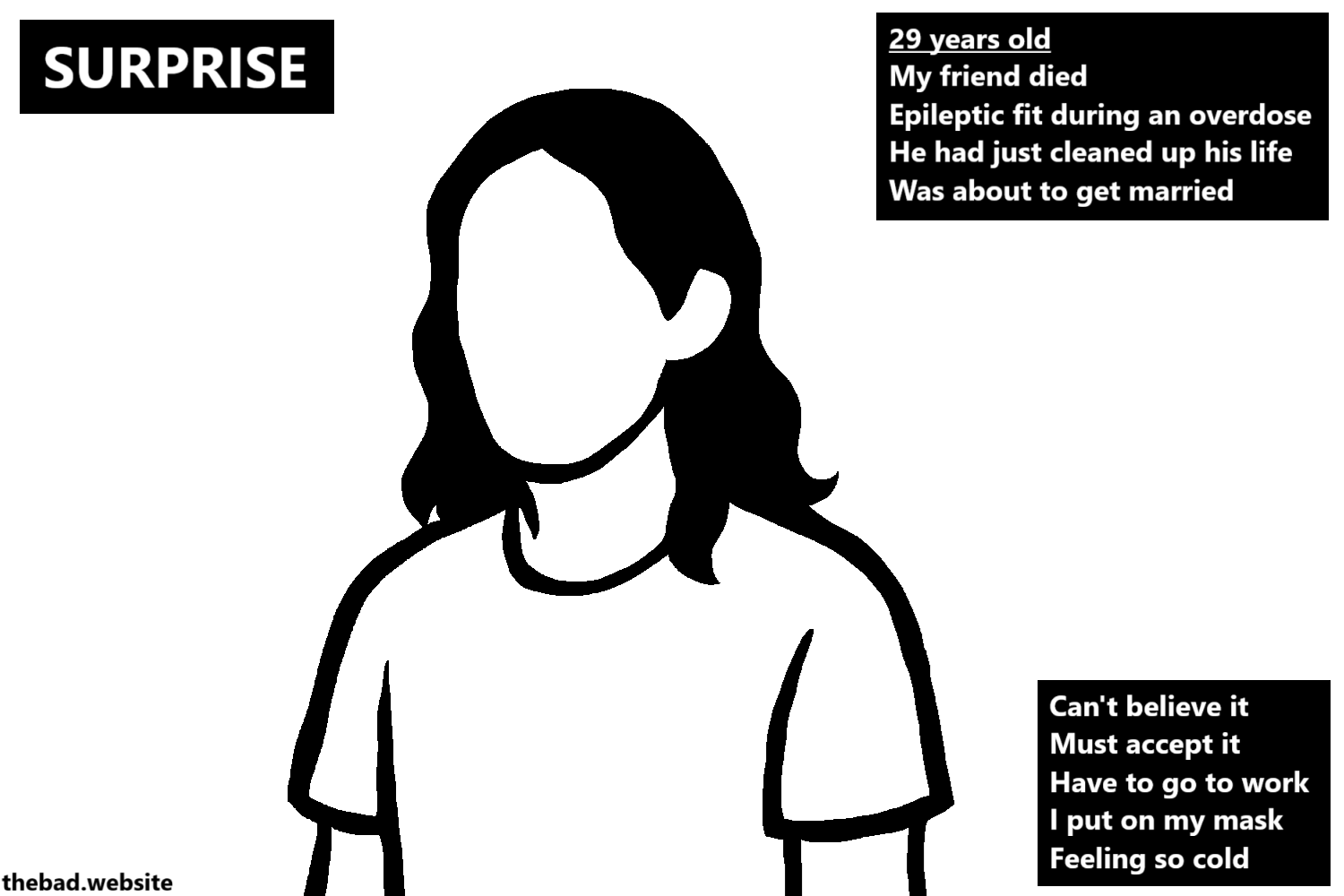 [the author is blank, has no face]

SURPRISE

29 years old
My friend died
Epileptic fit during an overdose
He had just cleaned up his life
Was about to get married

Can't believe it
Must accept it
Have to go to work
I put on my mask
Feeling so cold