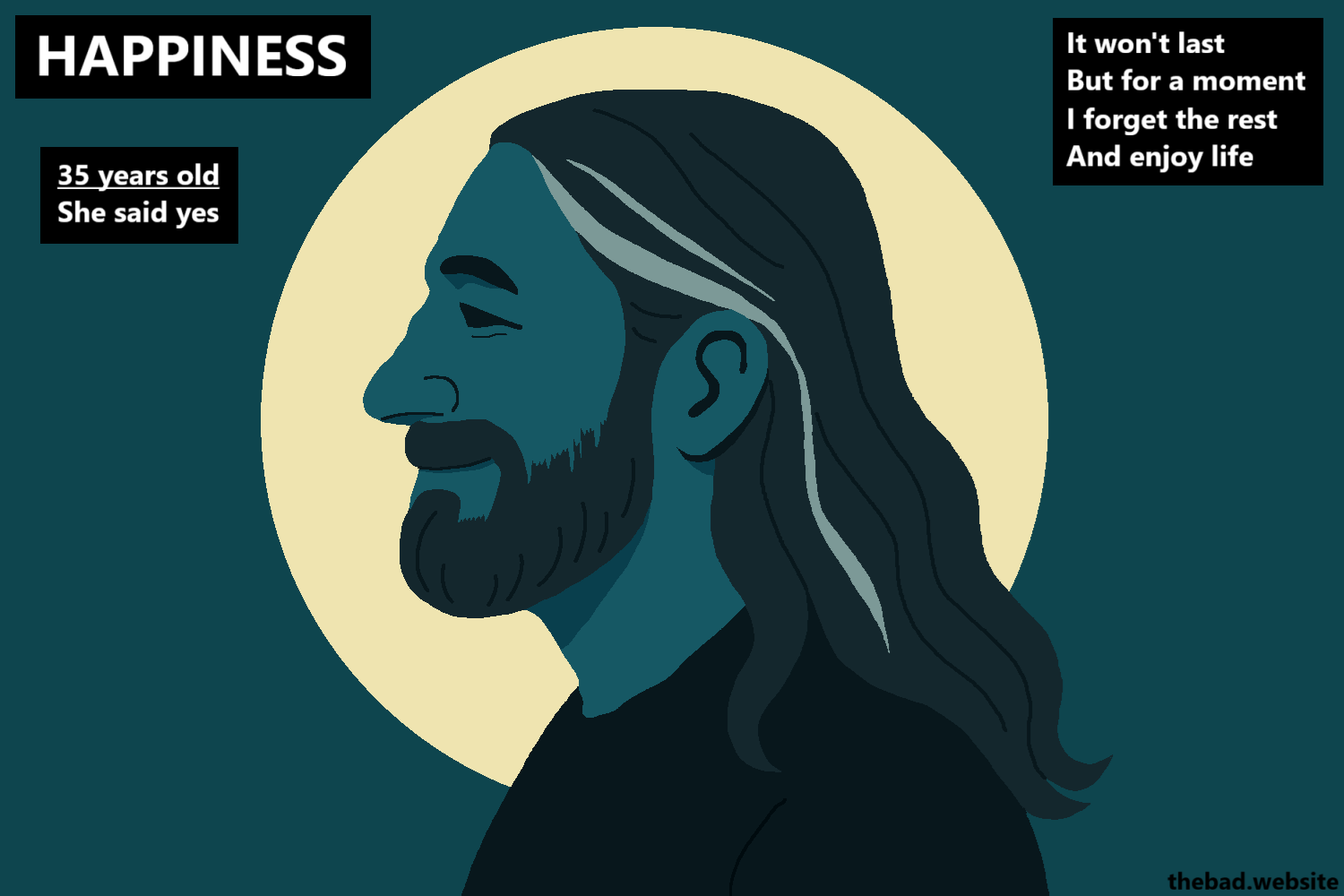 [the author, now older and with white strands of hair, is looking content, surrounded by a circle of light repealing the darkness]

HAPPINESS

35 years old
She said yes

It won't last
But for a moment
I forget the rest
And enjoy my life