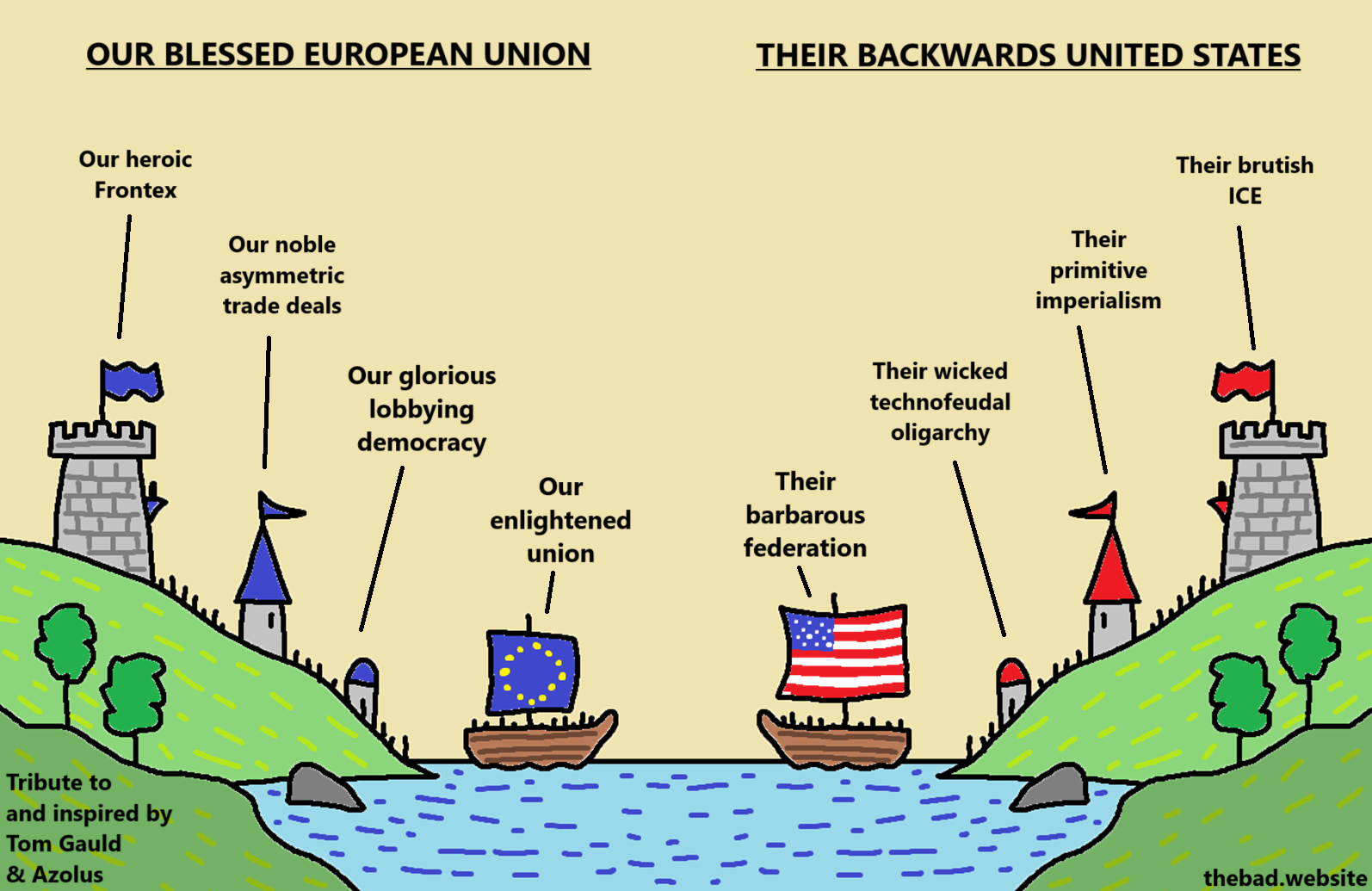 [identical castles and ships are facing eachother, one side with EU colors, the other side with USA colors]

[EU side]
- OUR BLESSED EUROPEAN UNION
- Our enlightened union
- Our glorious lobbying democracy
- Our noble asymmetric trade deals
- Our heroic Frontex

[USA side]
THEIR BACKWARDS UNITED STATES
- Their barbarous federation
- Their wicked technofeudal oligarchy
- Their primitive imperialism
- Their brutish ICE
