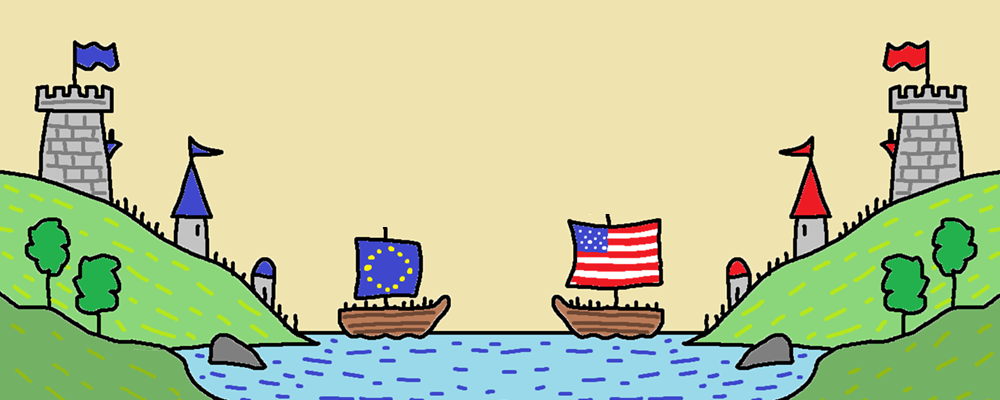 Identical castles and ships are facing eachother, one side with EU colors, the other side with USA colors.