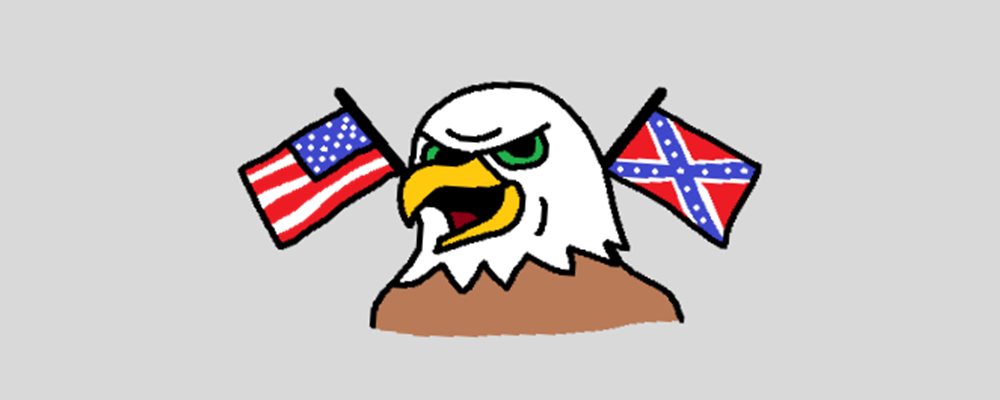 A bald eagle surrounded by a USA and confederate flag