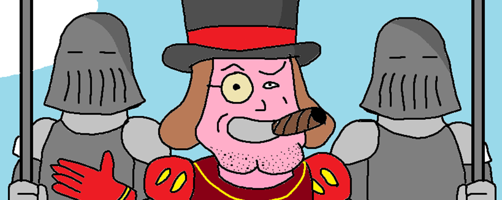 Lord Farquaad, in a tophat, cigar in mouth, monocle on eye, surrounded by two gards, looking smug