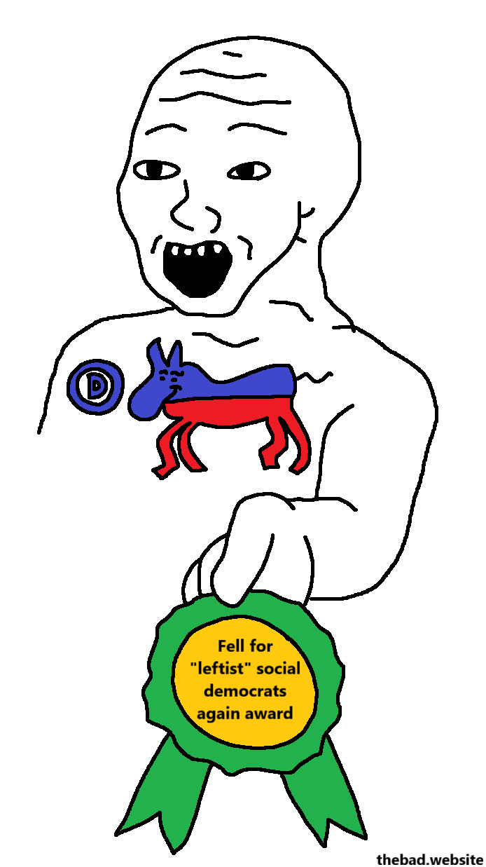 A character in "wojak" style, emblazoned with a smirking version of the US democrats logo, proudly hands you a medal which reads "Fell for "leftist" social democrats again award"