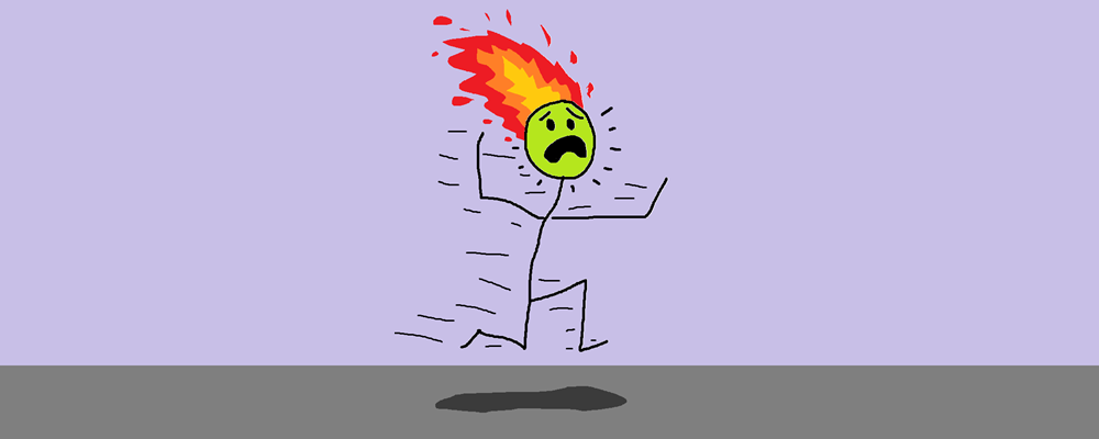 A character runs, screaming, their head on fire