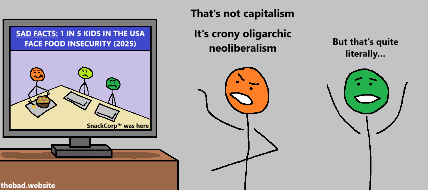 [A television shows kids starving in a school cafeteria with the title "SAD FACTS: 1 IN 5 KIDS IN THE USA FACE FOOD INSECURITY (2025)" and the subtitle "SnackCorp™ was here"]

[orange]
That's not capitalism
It's crony oligarchic neoliberalism

[green]
But that's quite literally…