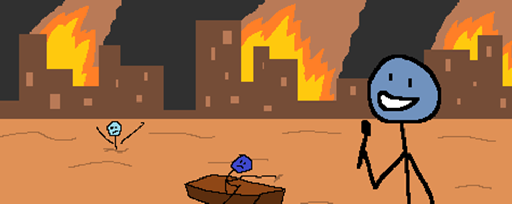 A reporter speaks into a mic while a city burns