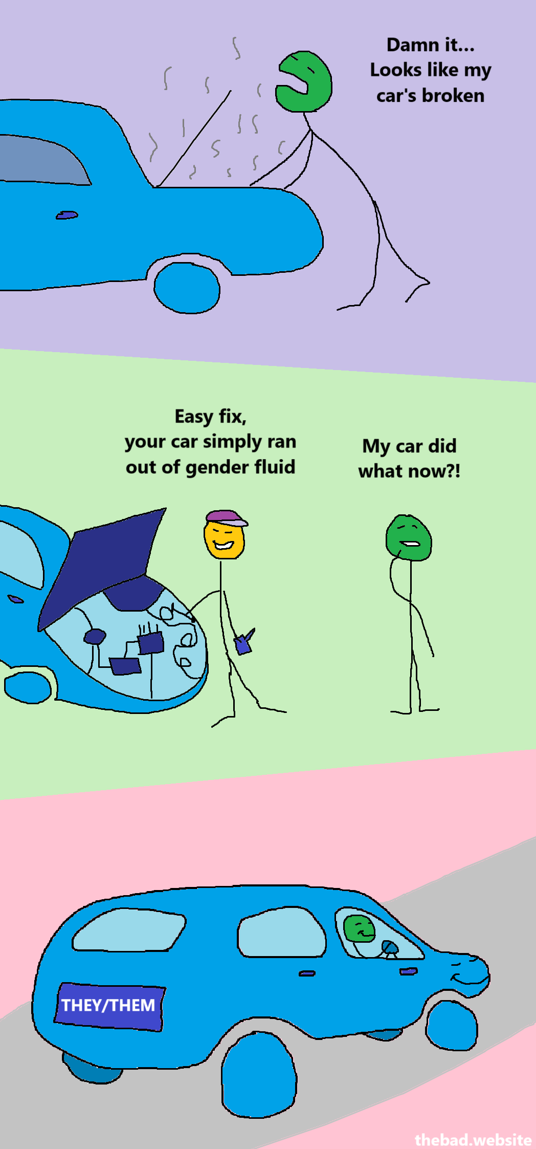 [green, in front of a car with its hood open]
Damn it... Looks like my car's broken

[yellow mechanic, standing in front of the car]
Easy fix, your car simply ran out of gender fluid

[green]
My car did what now?!

[green is seen driving away happily, the car smiling as well, the car's license plate reads "THEY/THEM"]
