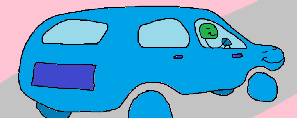 A happy car is being driven by a happy character