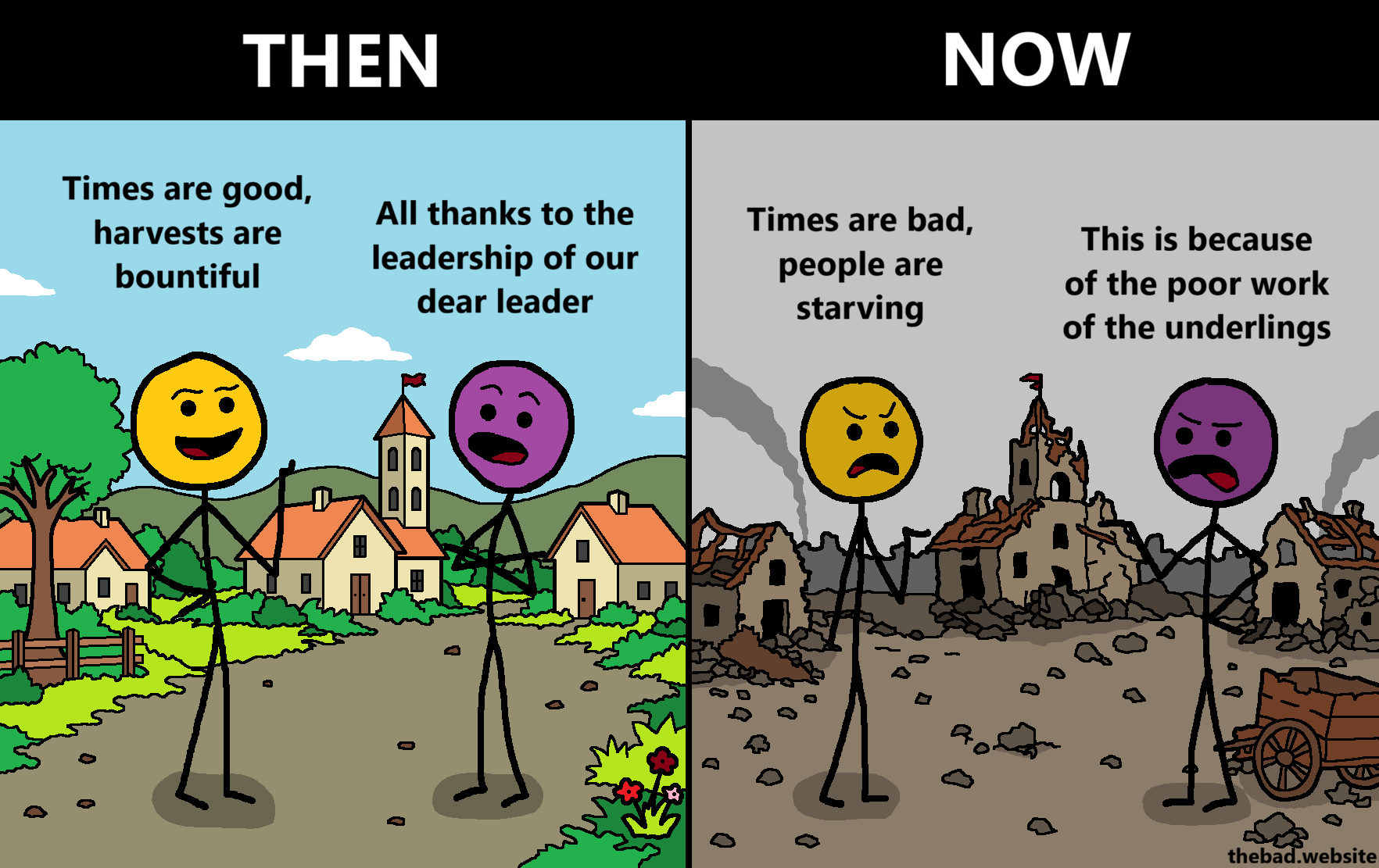 THEN

[in a beautiful countryside village, two characters are talking]

[yellow, satisfied]
Things are good, harvests are bountiful

[purple, arms crossed]
All thanks to the leadership of our dear leader

NOW

[the village is in ruins, the landscape has gone gray]

[yellow, pissed]
Times are bad, people are starving

[purple, angry]
This is because of the poor work of the underlings