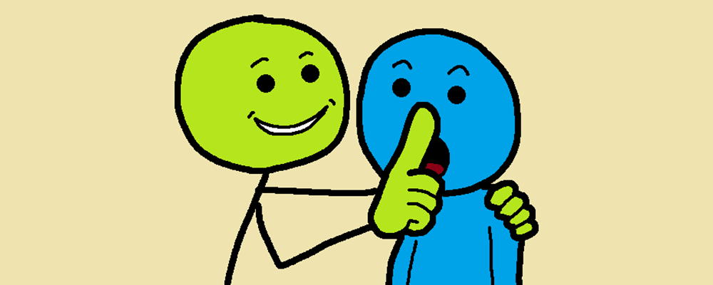 A character holds another one by the shoulder while shushing them