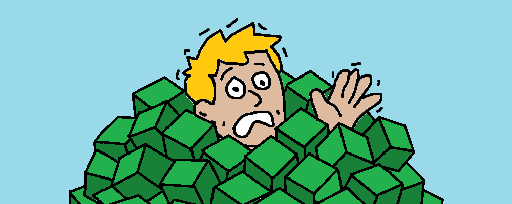 A character drowns in a mass of green cubes