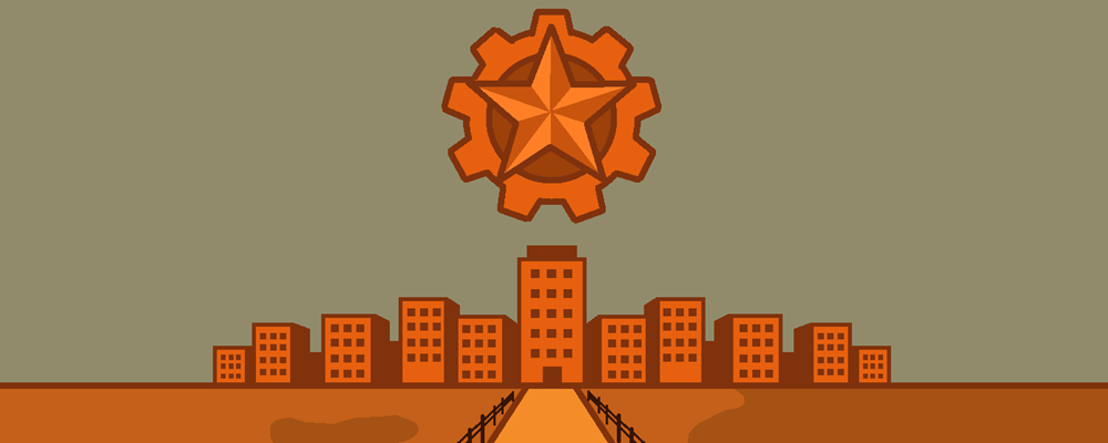 A bleak orange city under a fascist looking logo